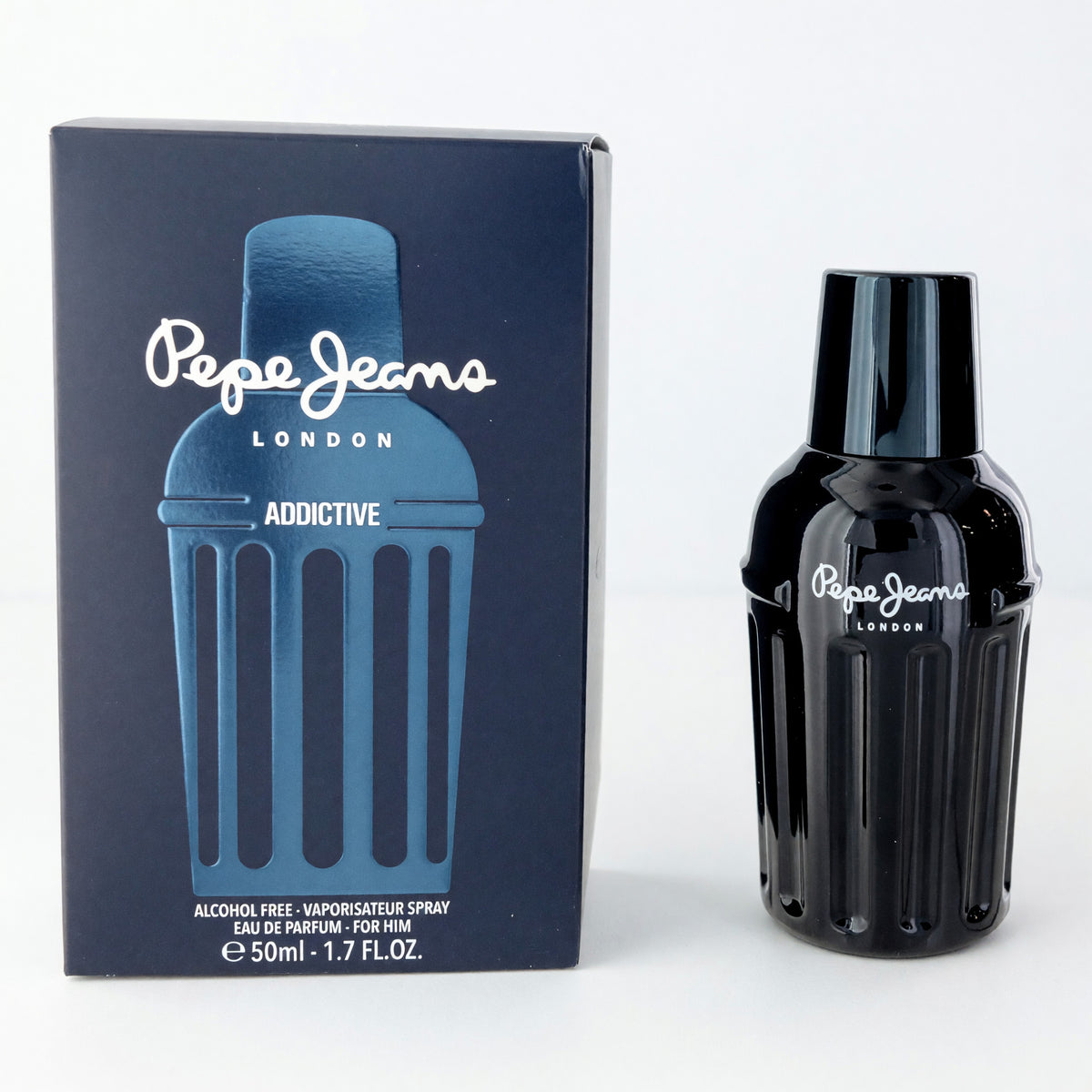 Men's EDP spray bottle with chrome cap and black glass, by Pepe Jeans Addictive
