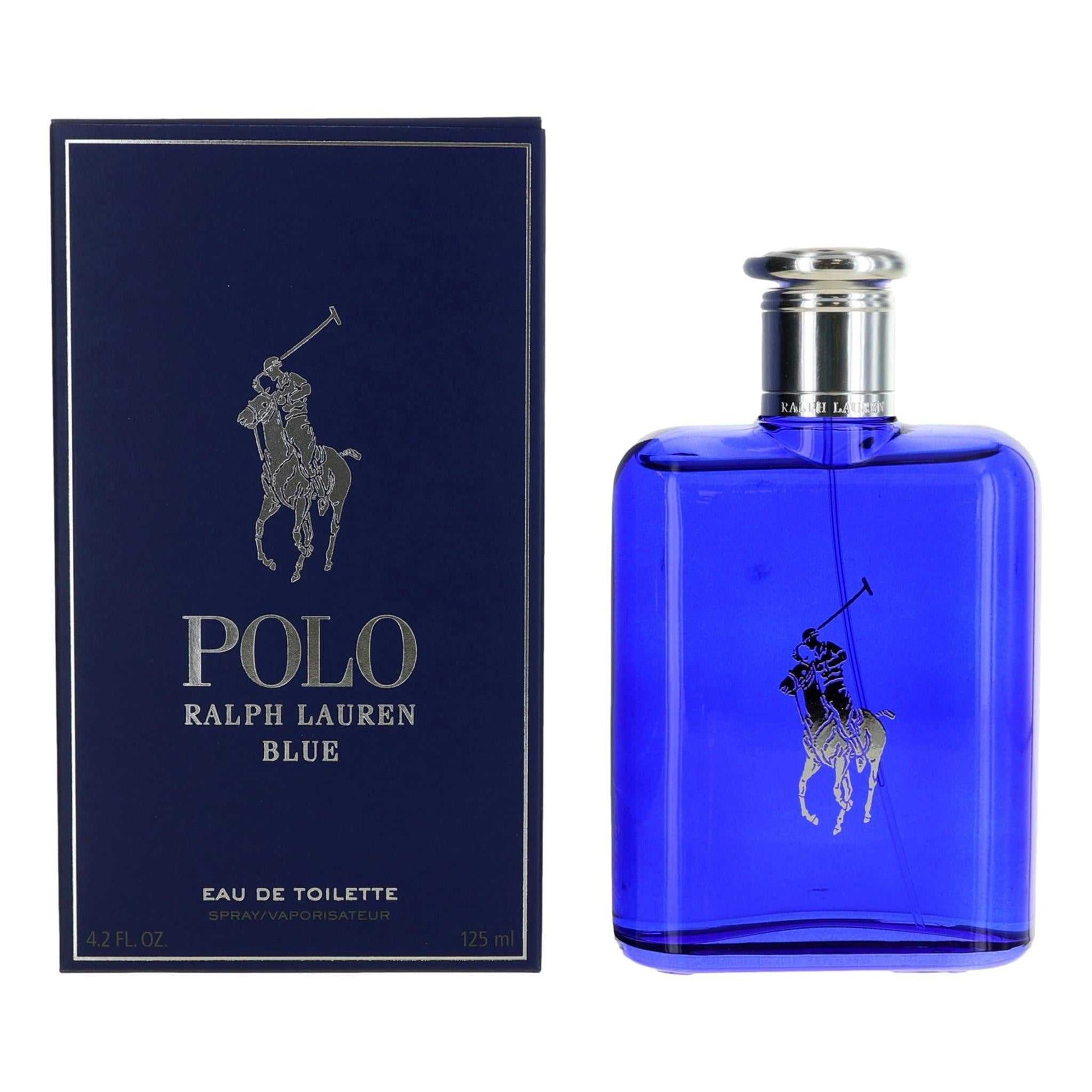Men's Polo Blue EDT spray bottle with polo logo on blue glass and matching box