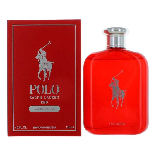 Red Polo Ralph Lauren eau de parfum spray bottle with silver cap, plus matching red box
