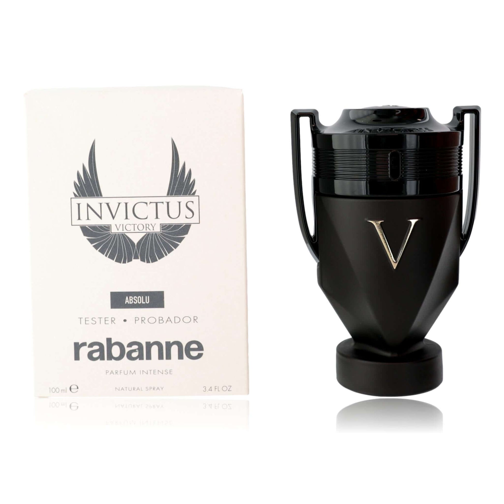 Men's perfume tester set with white box and black trophy-style bottle, V logo