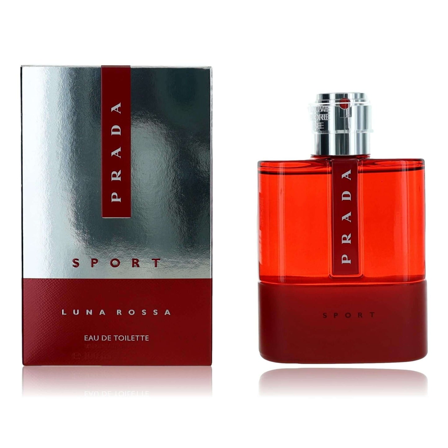 Prada Luna Rossa Sport men's EDT spray bottle with red glass and silver cap