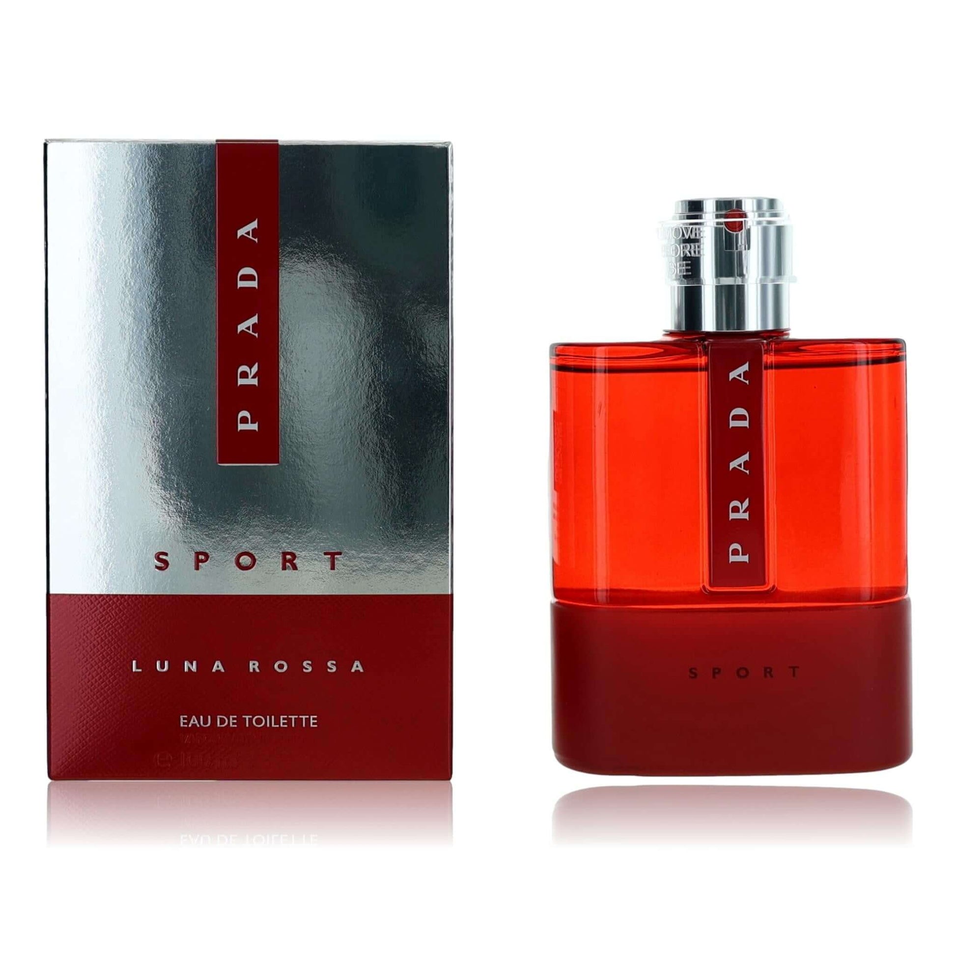Prada Luna Rossa Sport men's EDT spray bottle with red glass and silver cap