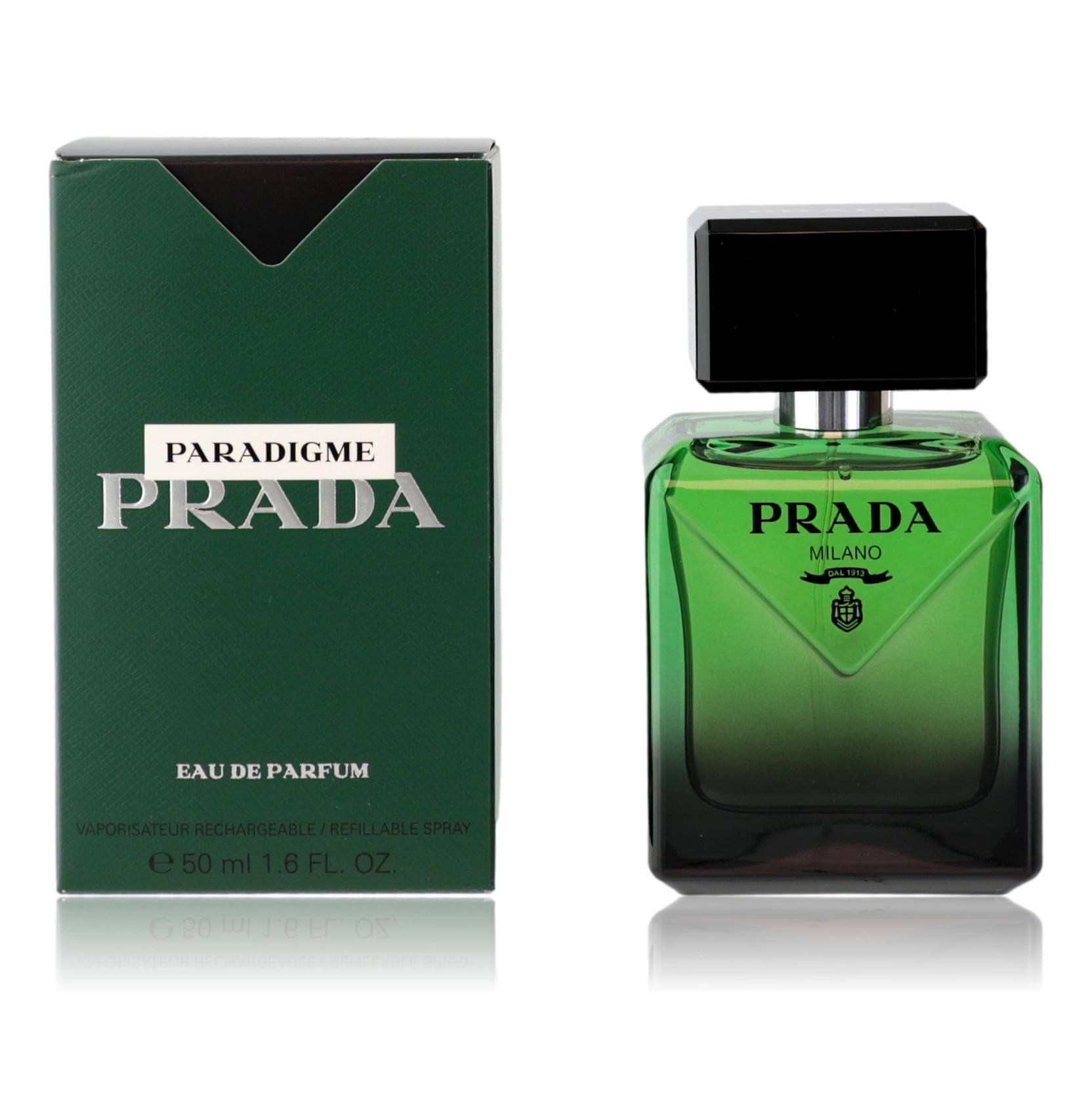 Men's Eau de Parfum spray bottle, green glass with black cap and PRADA PARADIGME label
