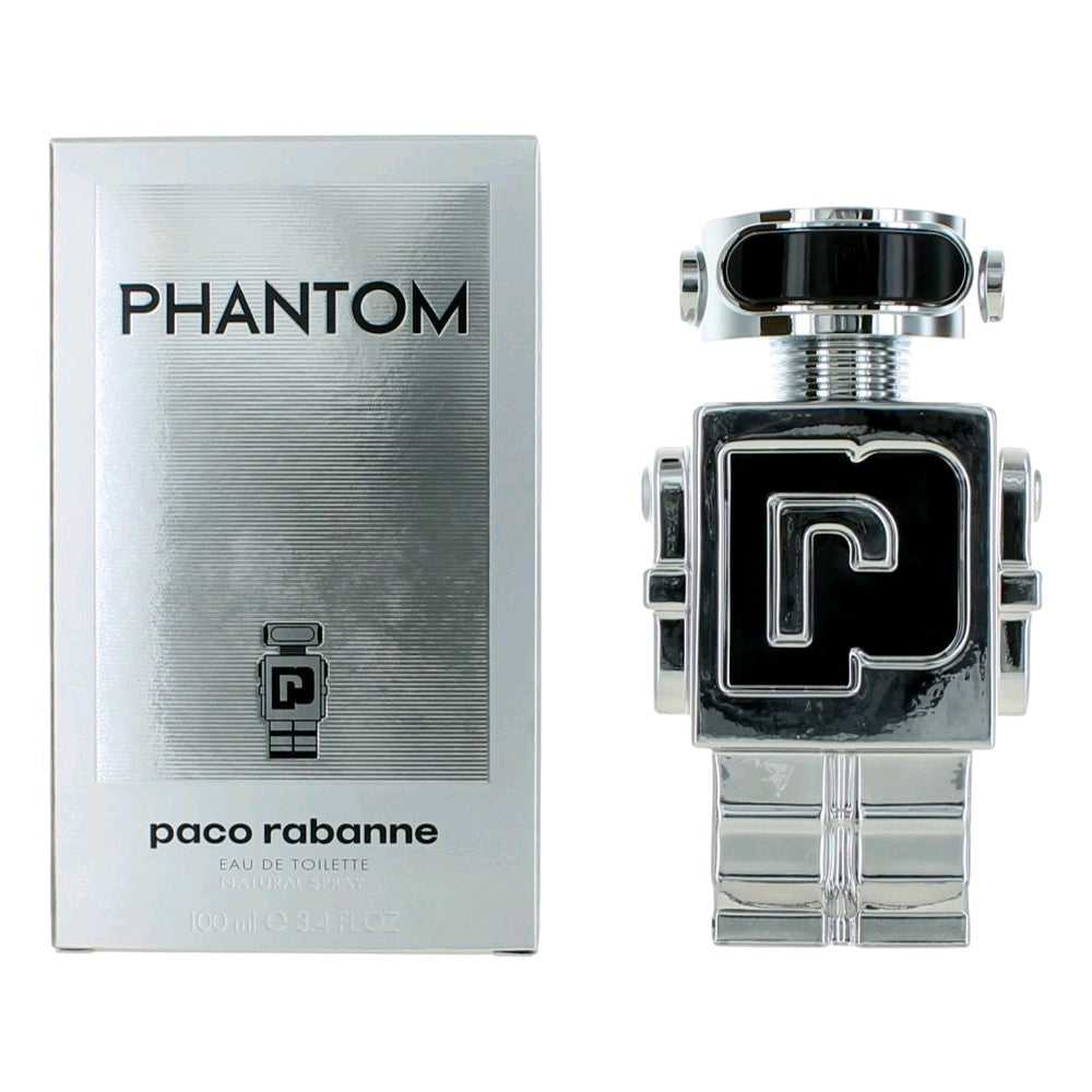 Men's Phantom EDT spray bottle with chrome robot-style design and boxed package.