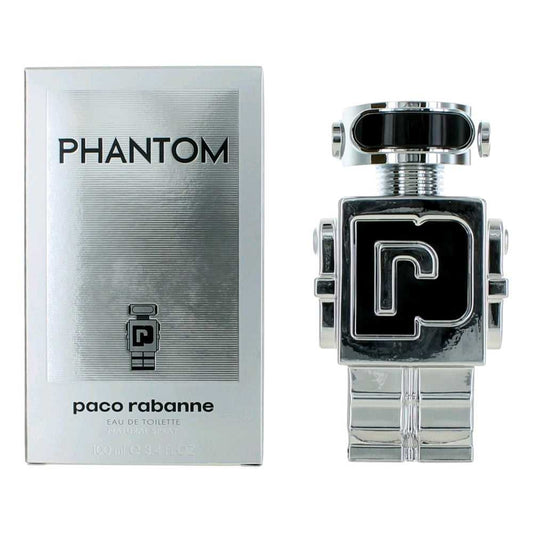 Men's Phantom EDT spray bottle with chrome robot-style design and boxed package.