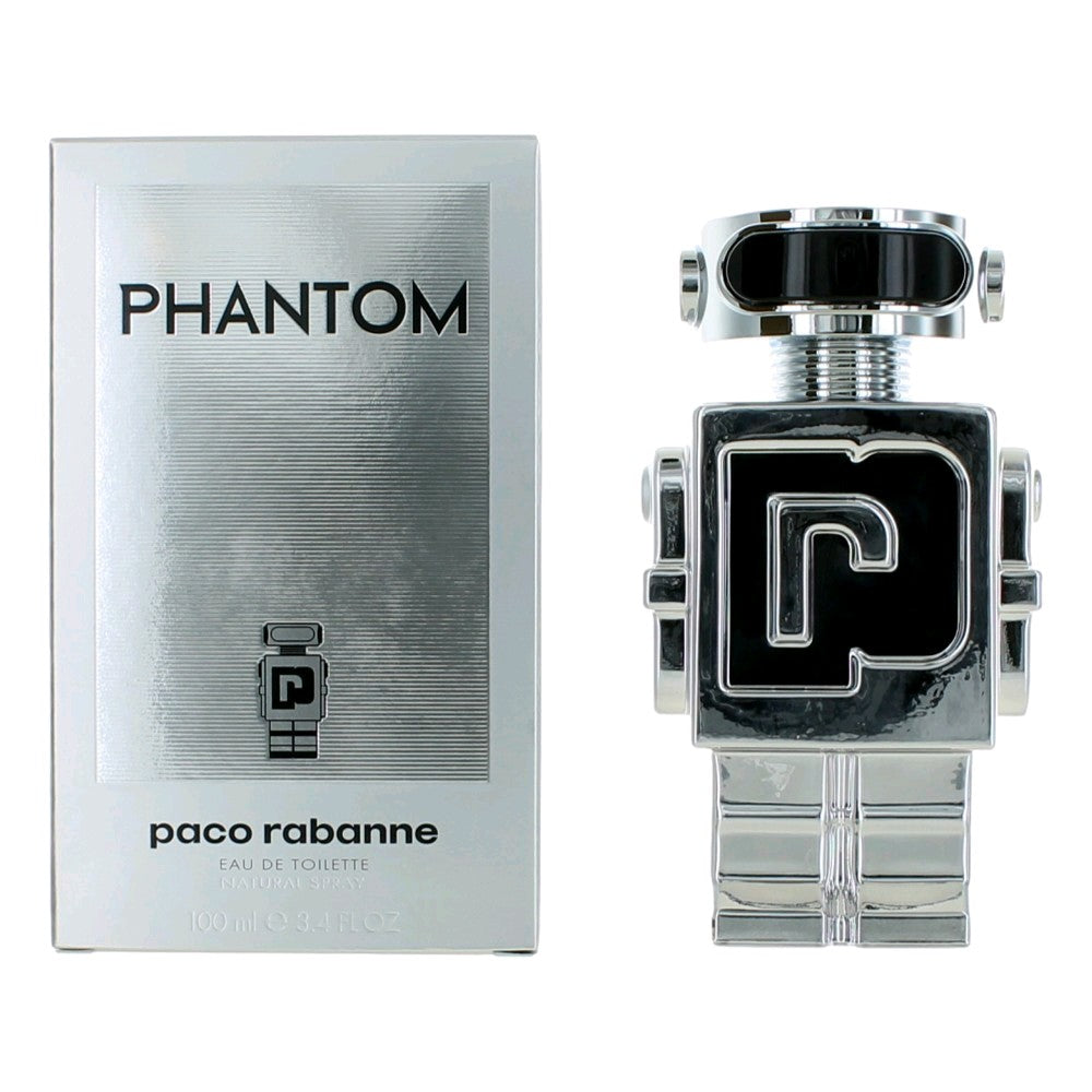 Phantom by Paco Rabanne men's EDT spray bottle in silver with matching box