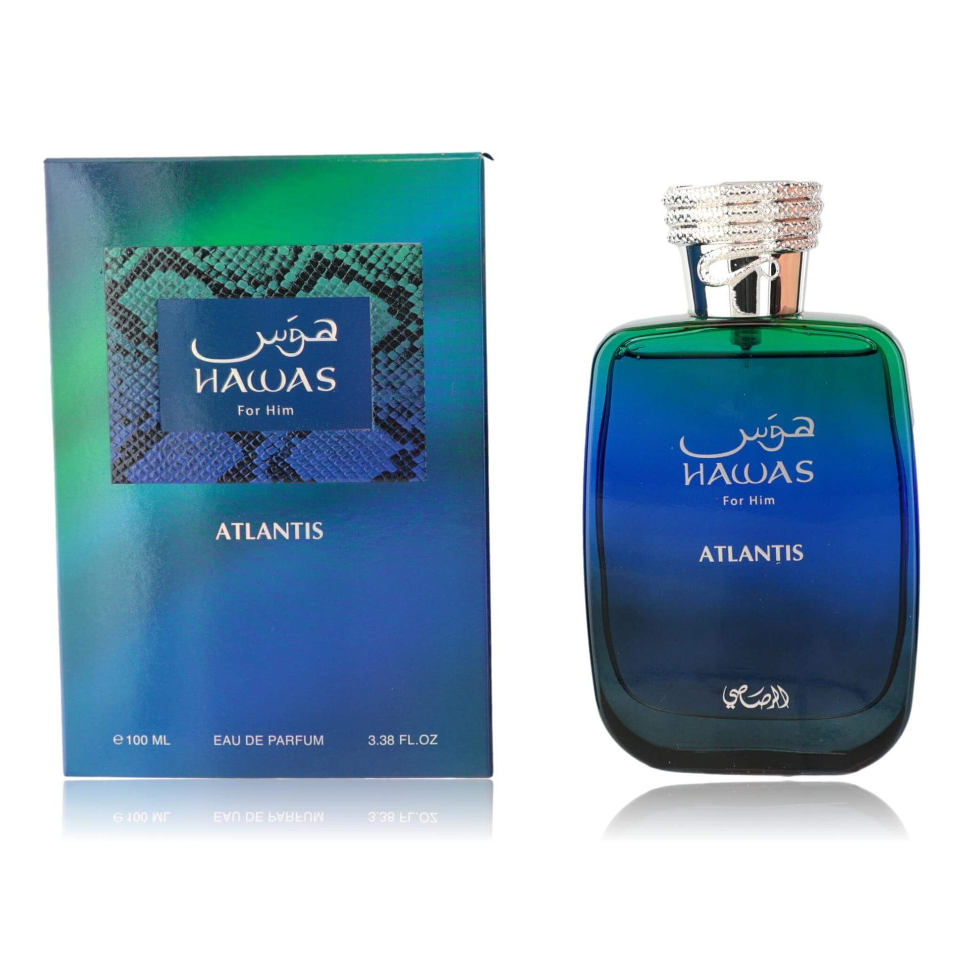 Hawas Atlantis by Rasasi, 3.3 oz EDP spray for Men packaging and bottle view.