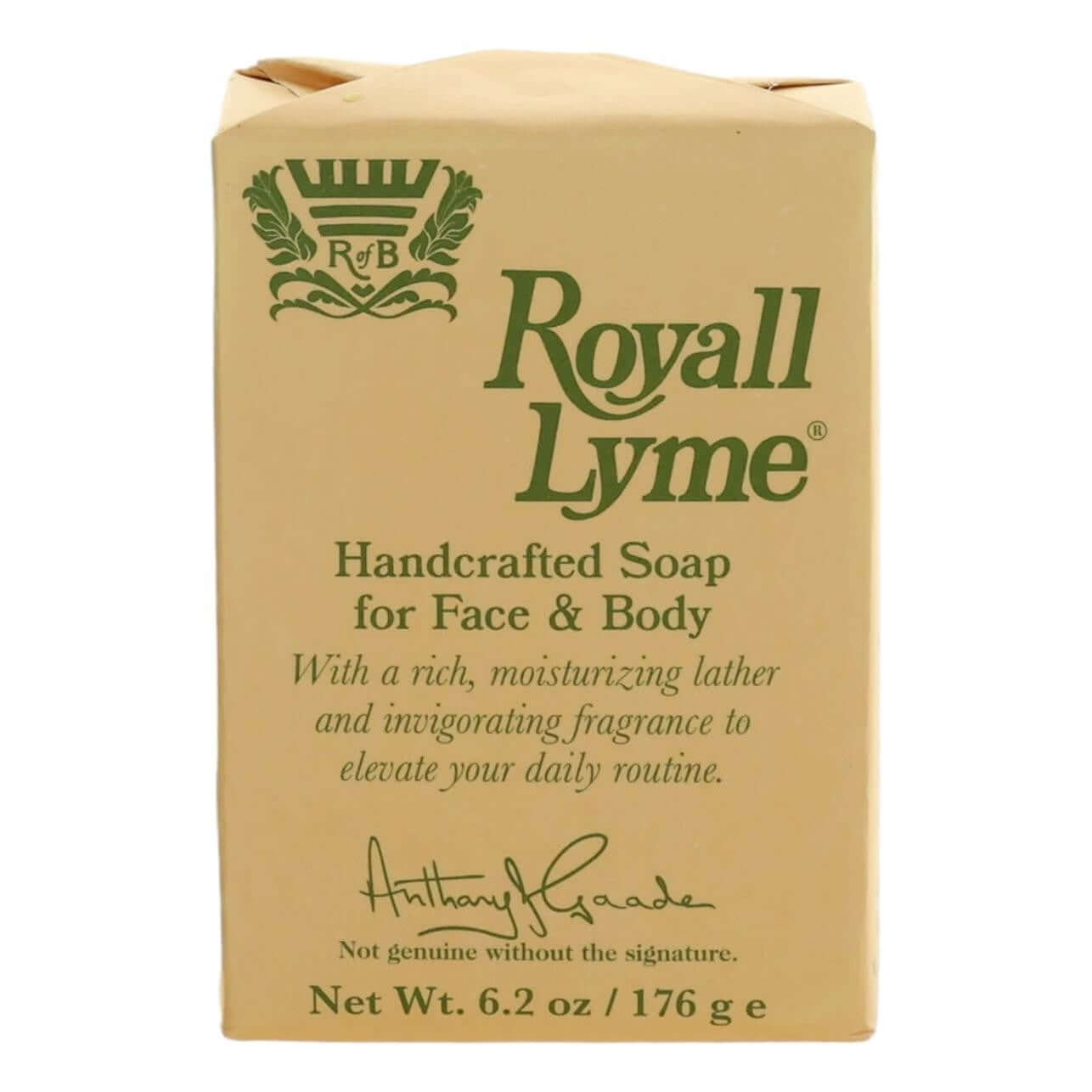 Royall Lyme by Royall Fragrances, 6.2 oz Bar Soap for Men packaging showcasing handcrafted soap for face and body.