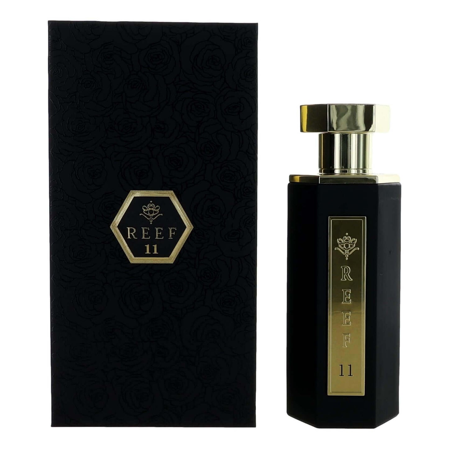 Reef 11 men's parfum spray bottle with gold cap and dark box packaging