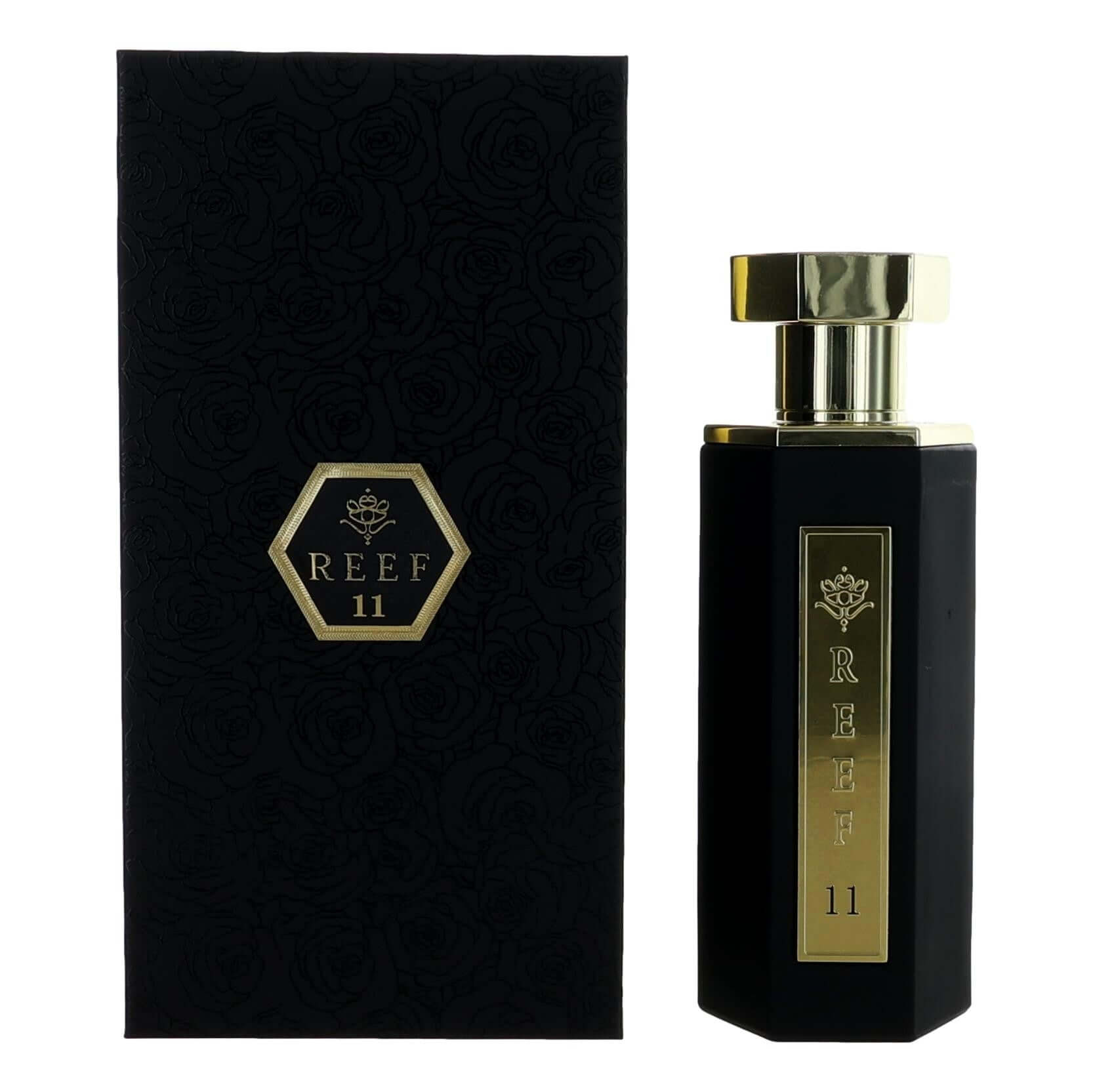 Reef 11 men's parfum spray bottle with gold cap and dark box packaging