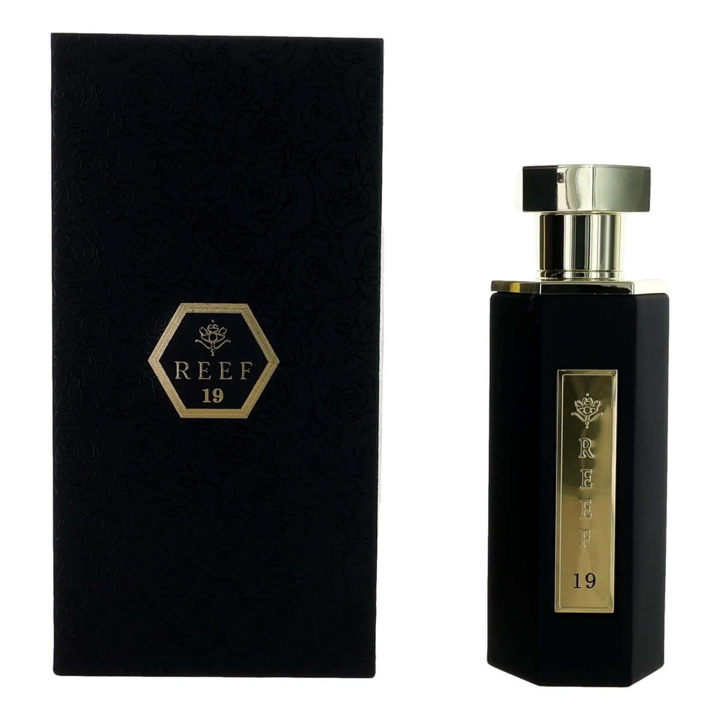 Men's parfum spray bottle in black glass with gold label, with matching box