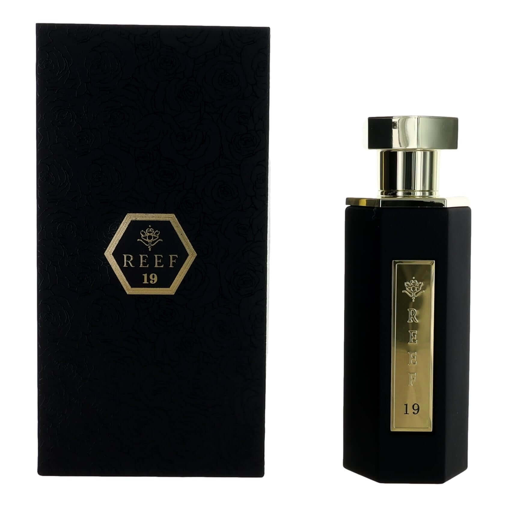 Men's parfum spray bottle in black glass with gold label, with matching box