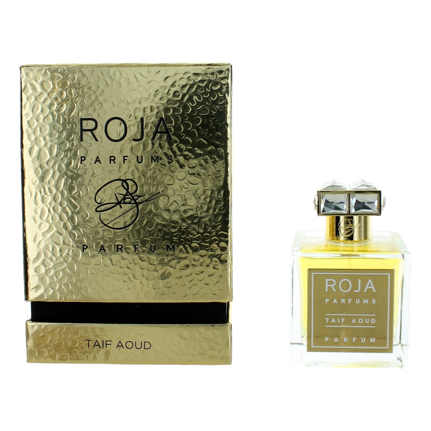Roja Parfums Taif Aoud parfum spray bottle with gold-toned box
