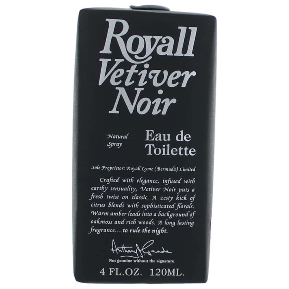 Royall Vetiver Noir by Royall Fragrance, 4 oz EDT Spray for Men on a stylish black background.