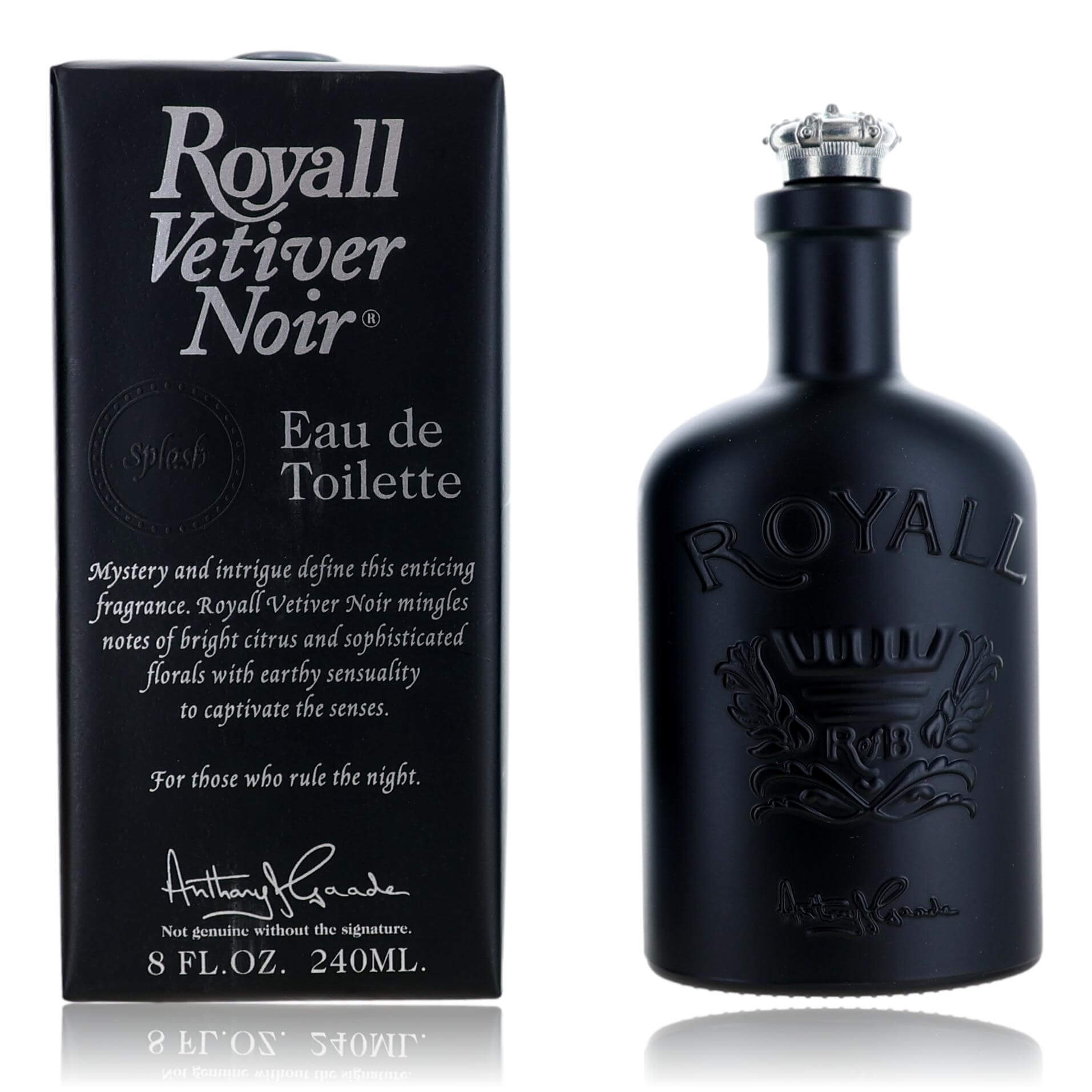 Royall Vetiver Noir Eau de Toilette spray bottle and box, dark navy glass