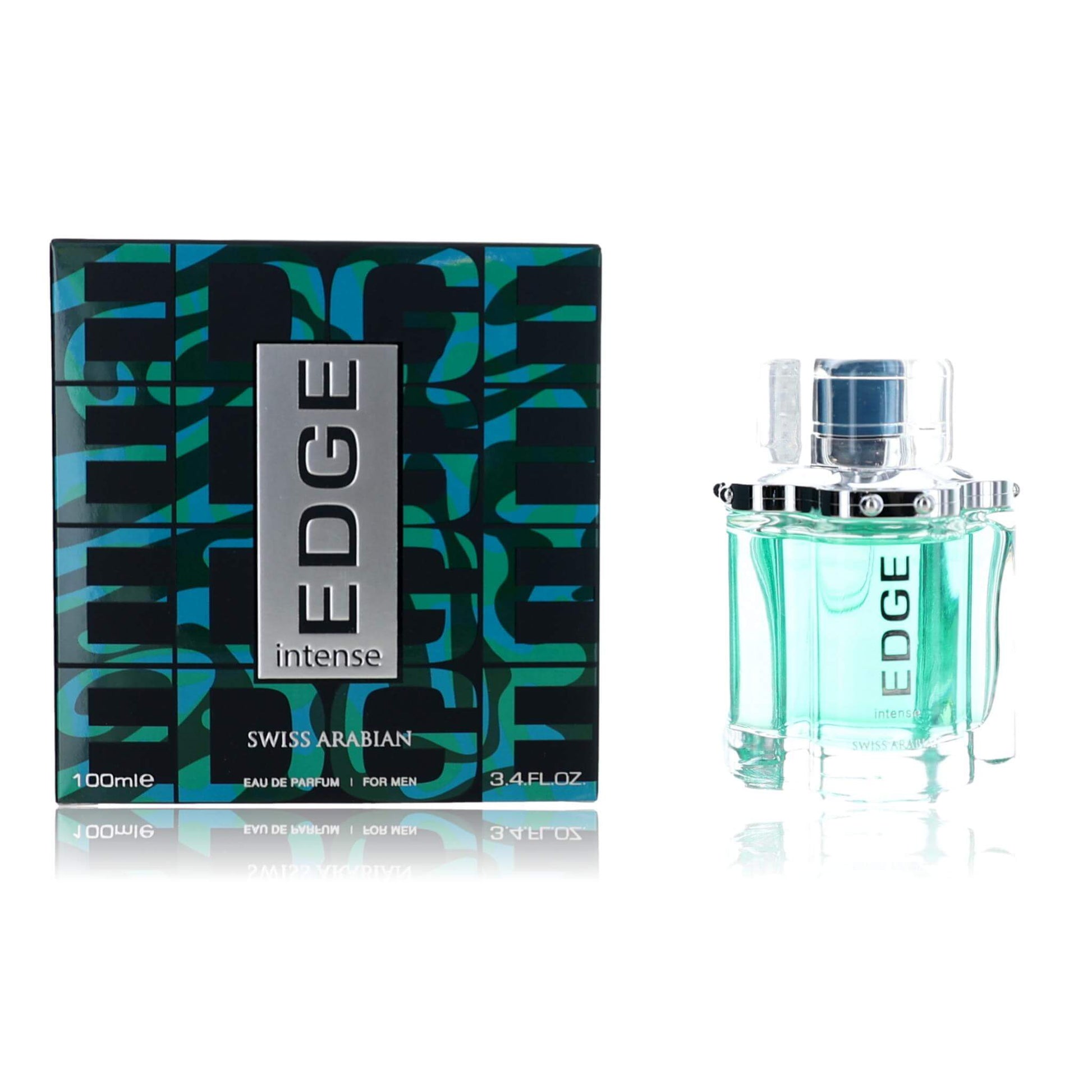 Men's EDP spray bottle with box, blue-green glass and black label, 3.4 fl oz
