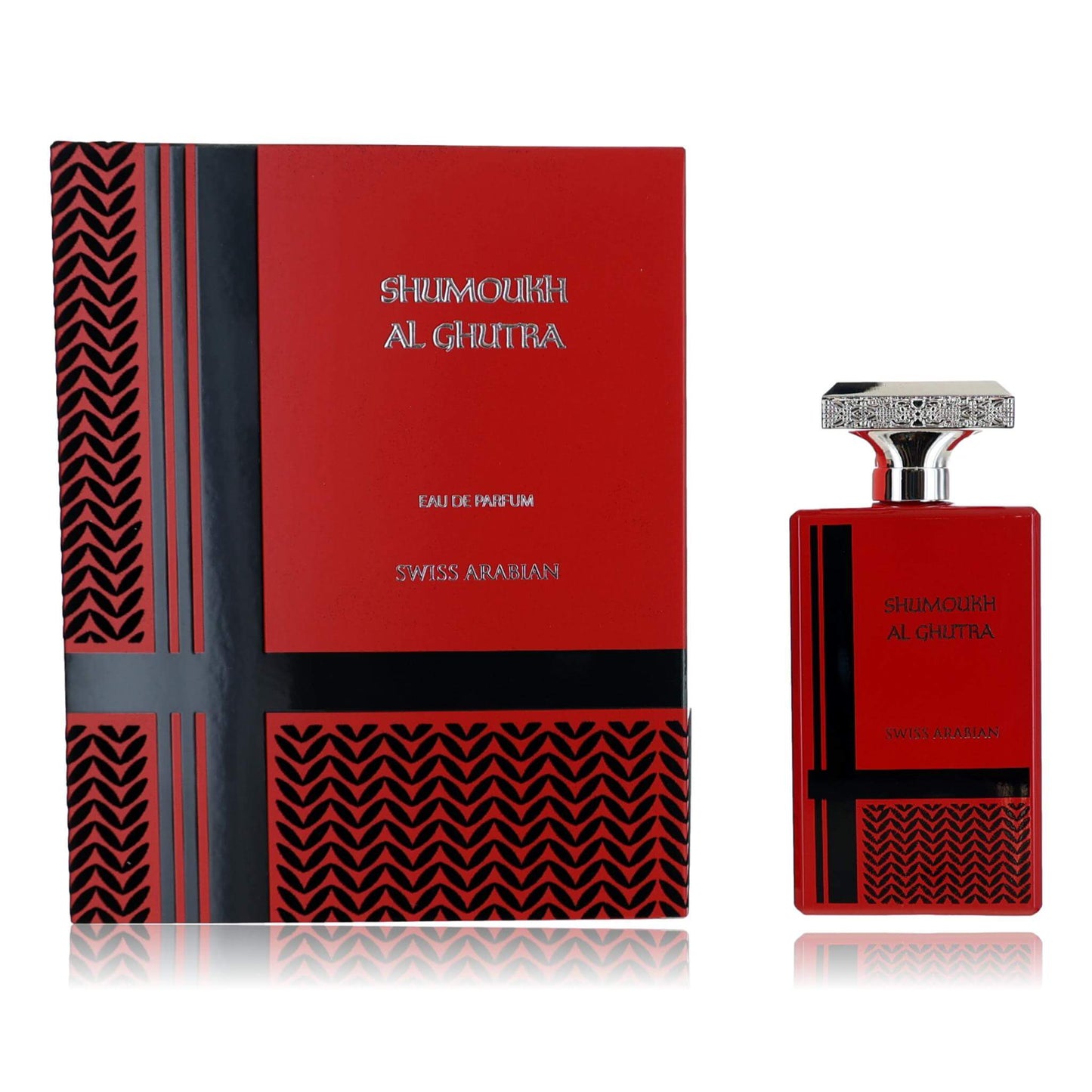 Men's eau de parfum spray with red glass bottle and silver cap, shown with red box.