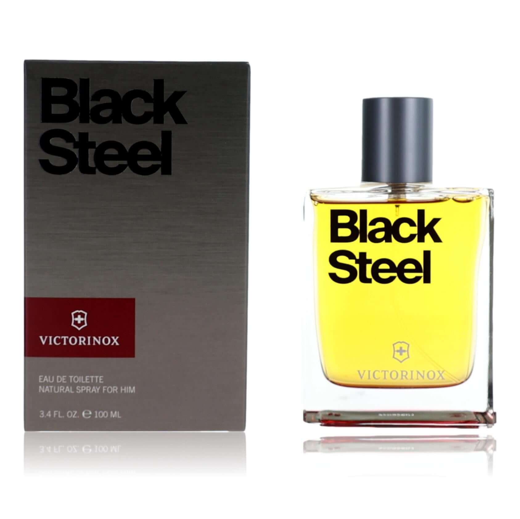 Men's EDT spray bottle and box, clear glass with dark cap, yellow liquid
