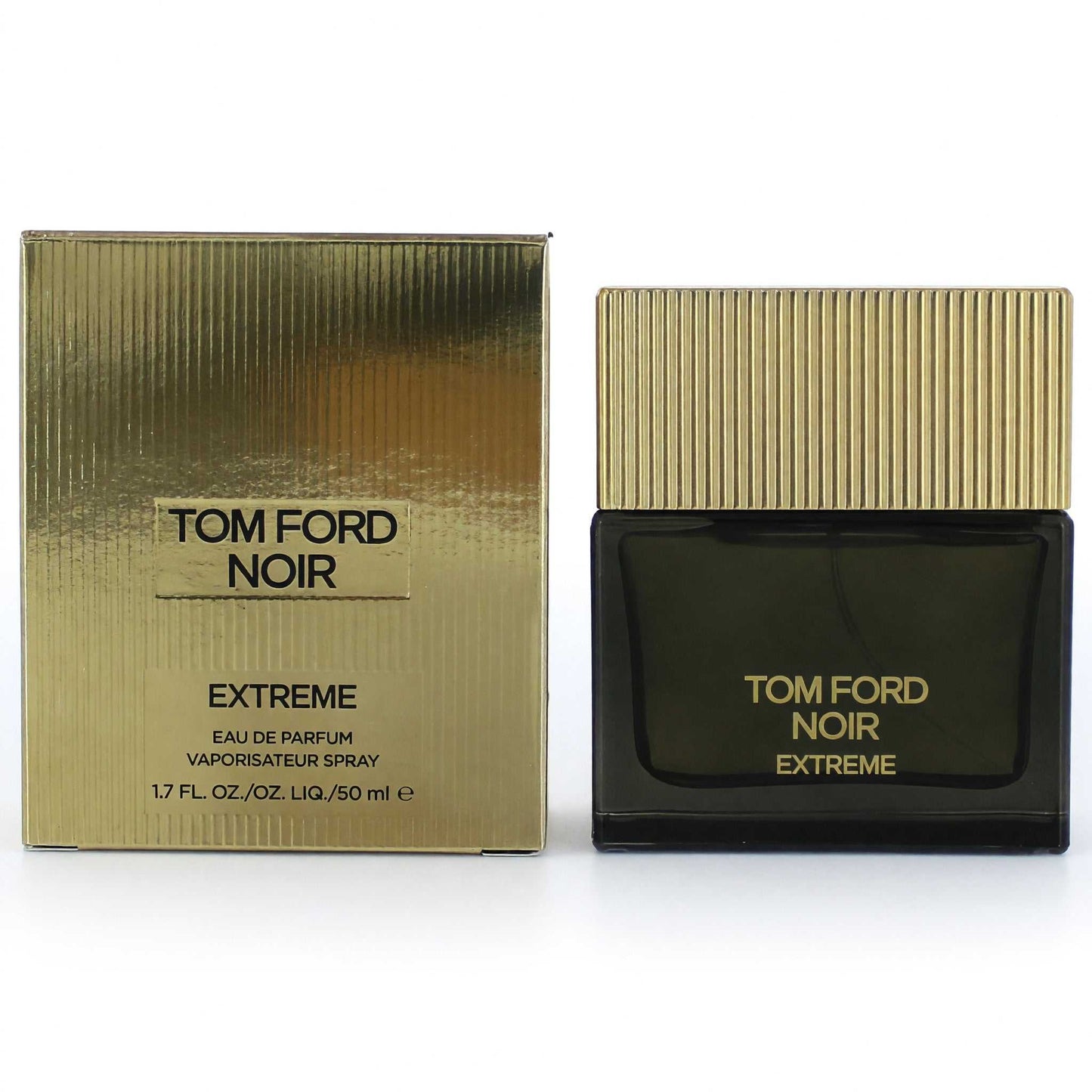 Tom Ford Noir Extreme eau de parfum spray bottle with gold ribbed box