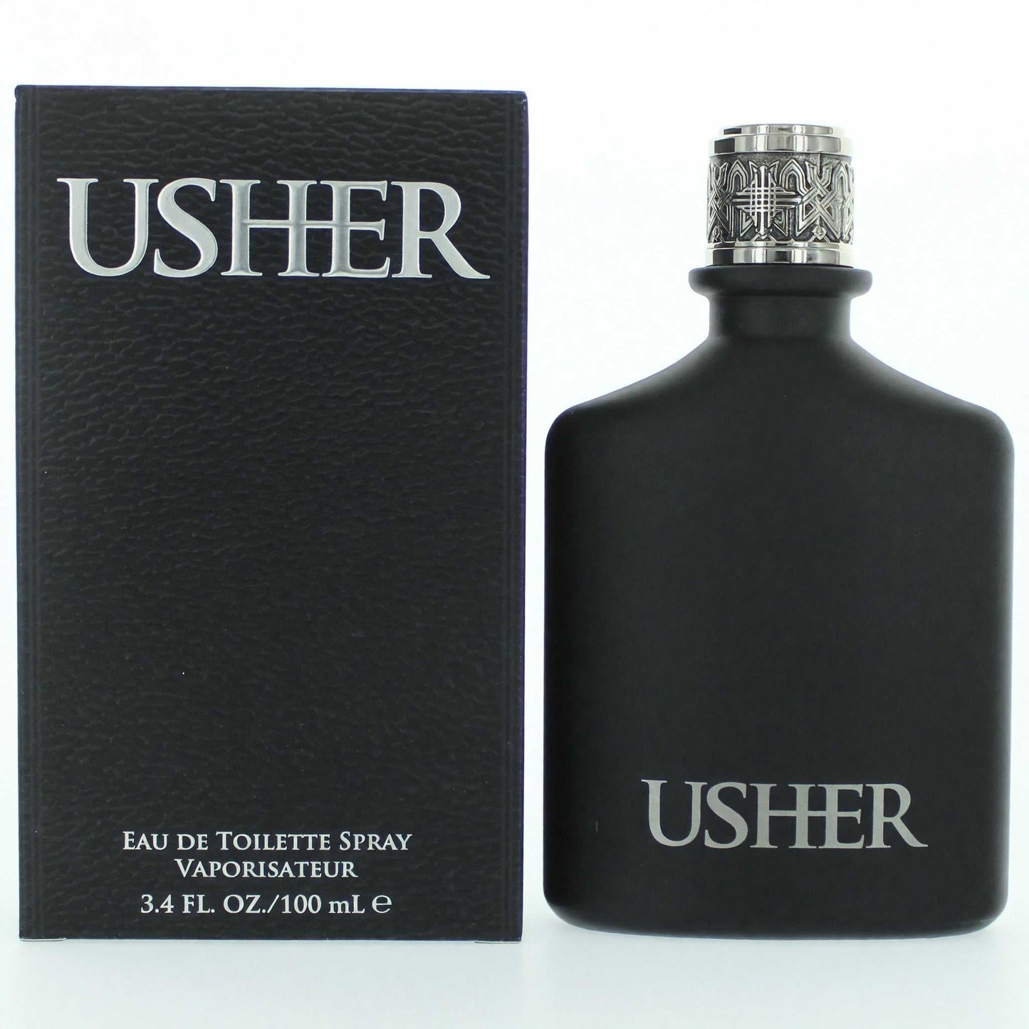 Men's EDT spray bottle and box, black with USHER logo and silver cap, 3.4 oz