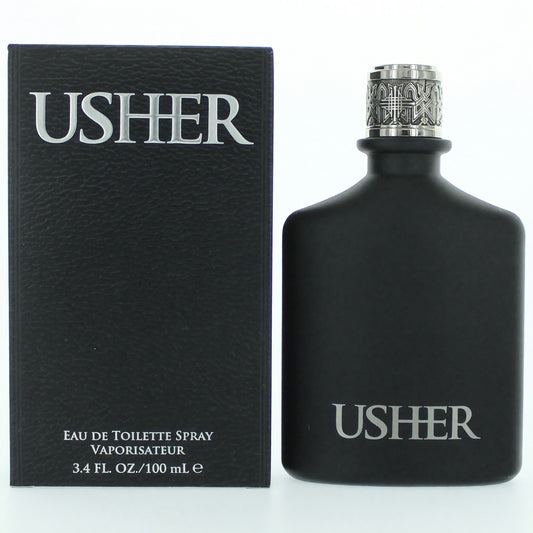 Men's EDT spray bottle and box, black with USHER logo and silver cap, 3.4 oz