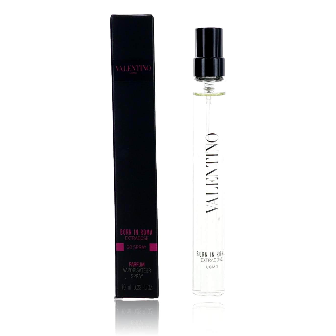 Men’s Valentino parfum spray: clear glass bottle with dark gift box