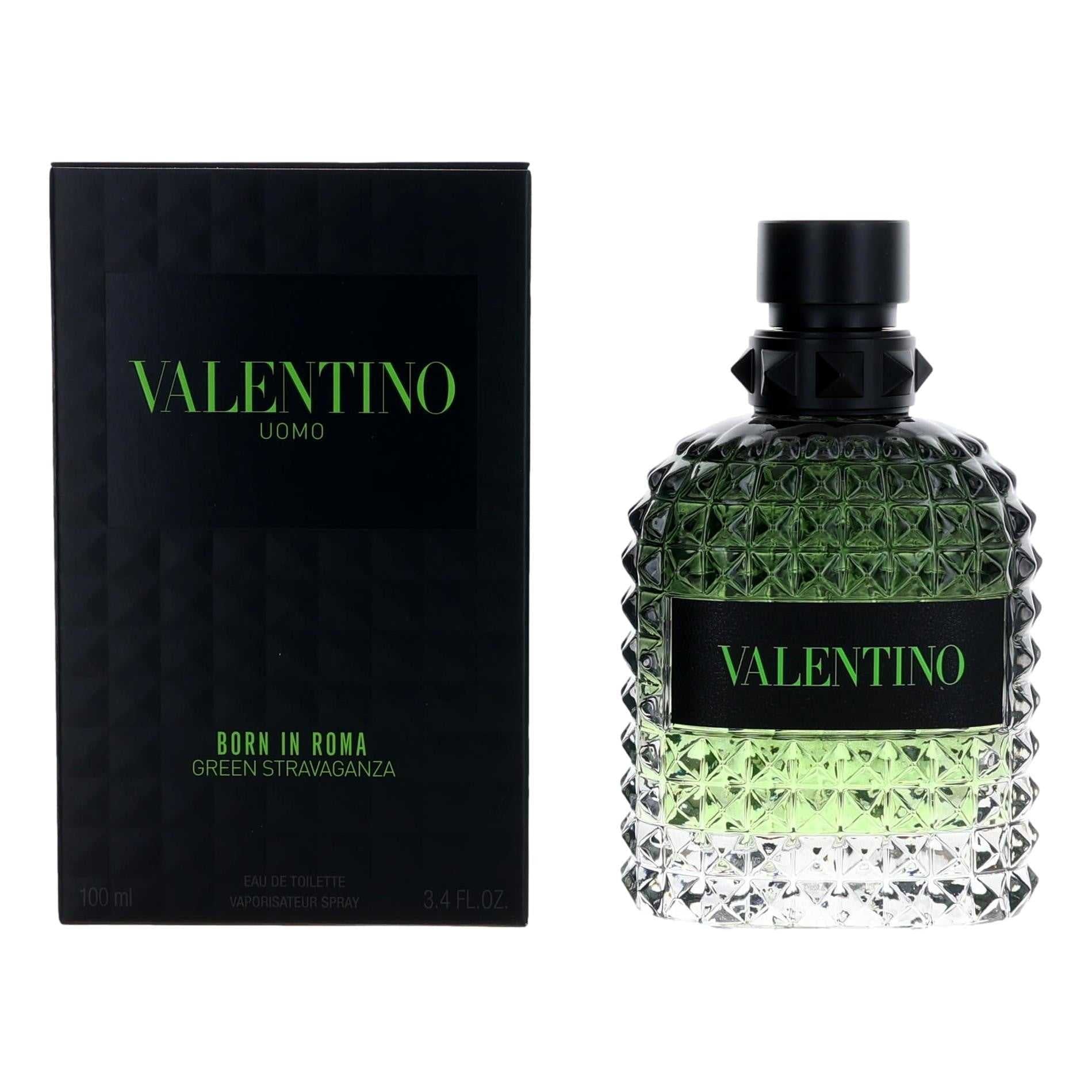 Men's green EDT spray perfume bottle with faceted clear glass and black cap