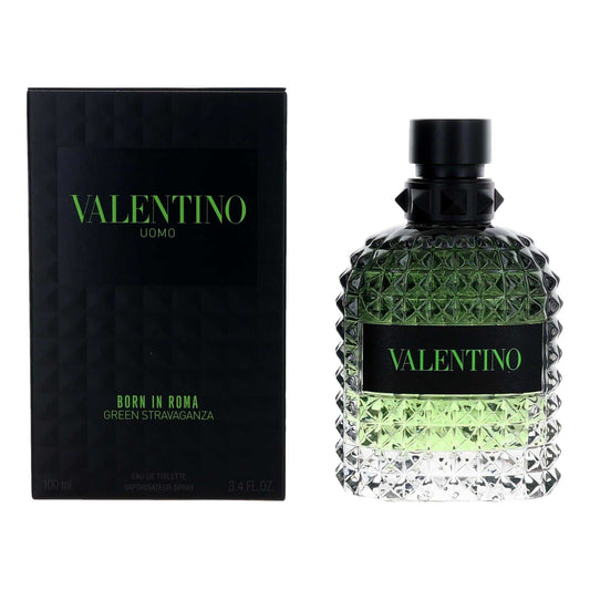 Men's green EDT spray perfume bottle with faceted clear glass and black cap