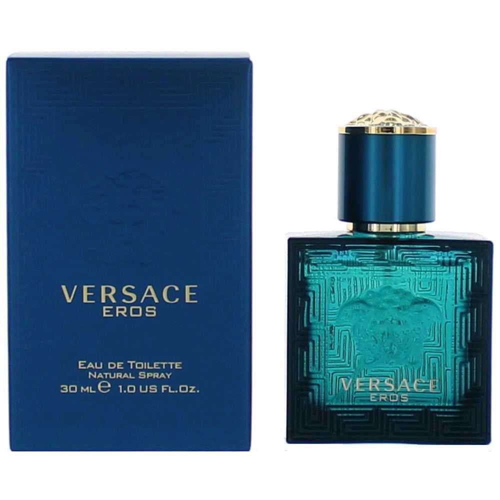 Men's Versace Eros EDT spray: blue glass bottle with gold cap and blue box