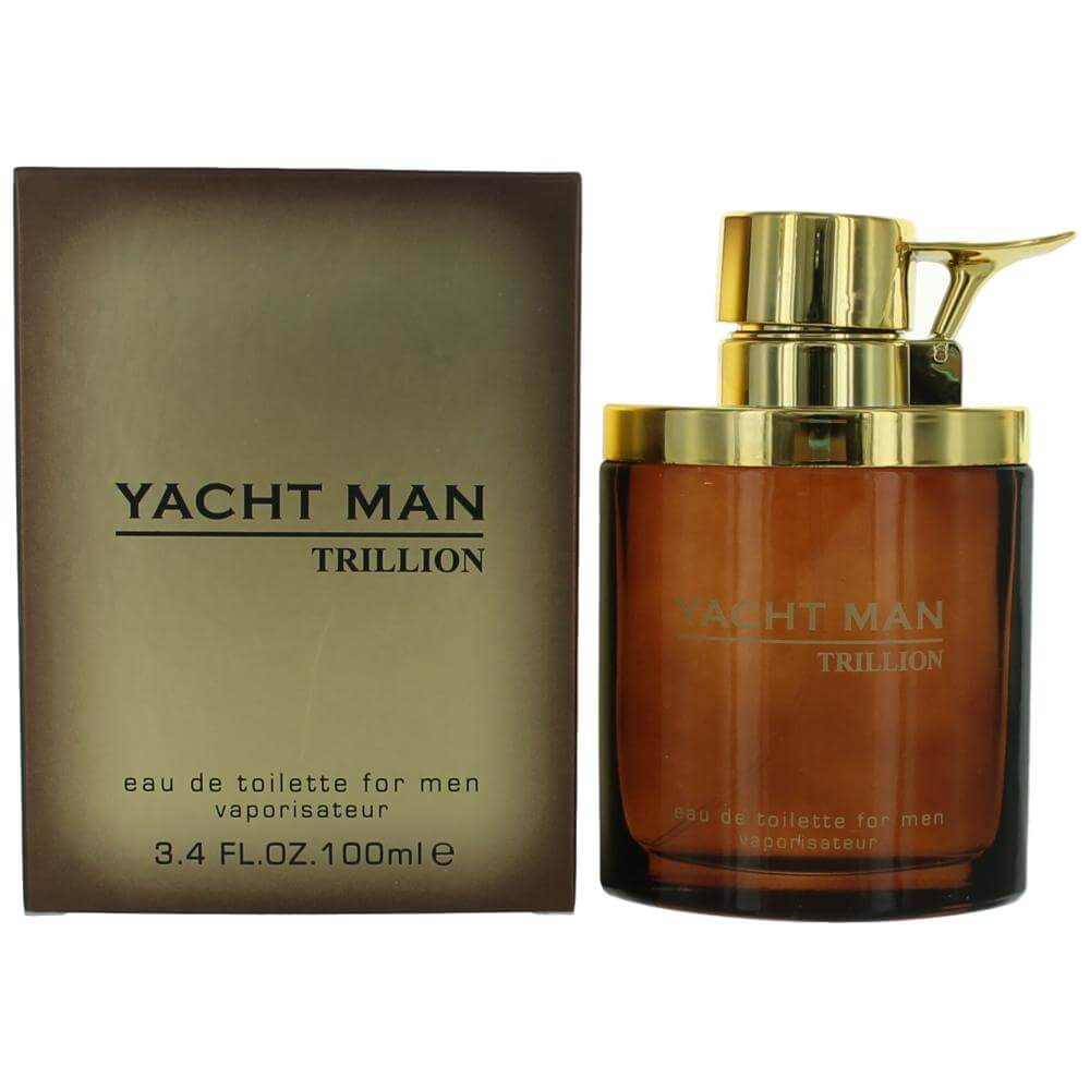 Men's EDT spray bottle with amber glass, gold pump cap, and Yacht Man Trillion box