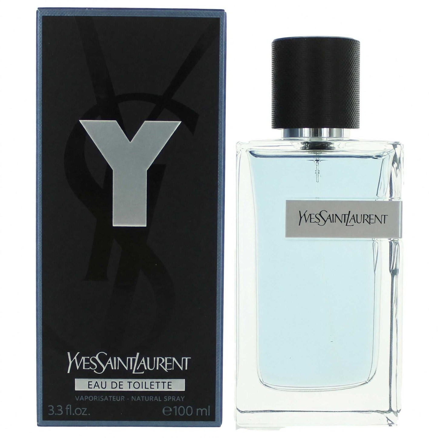 Y by Yves Saint Laurent men’s EDT spray bottle, black cap, clear light-blue liquid