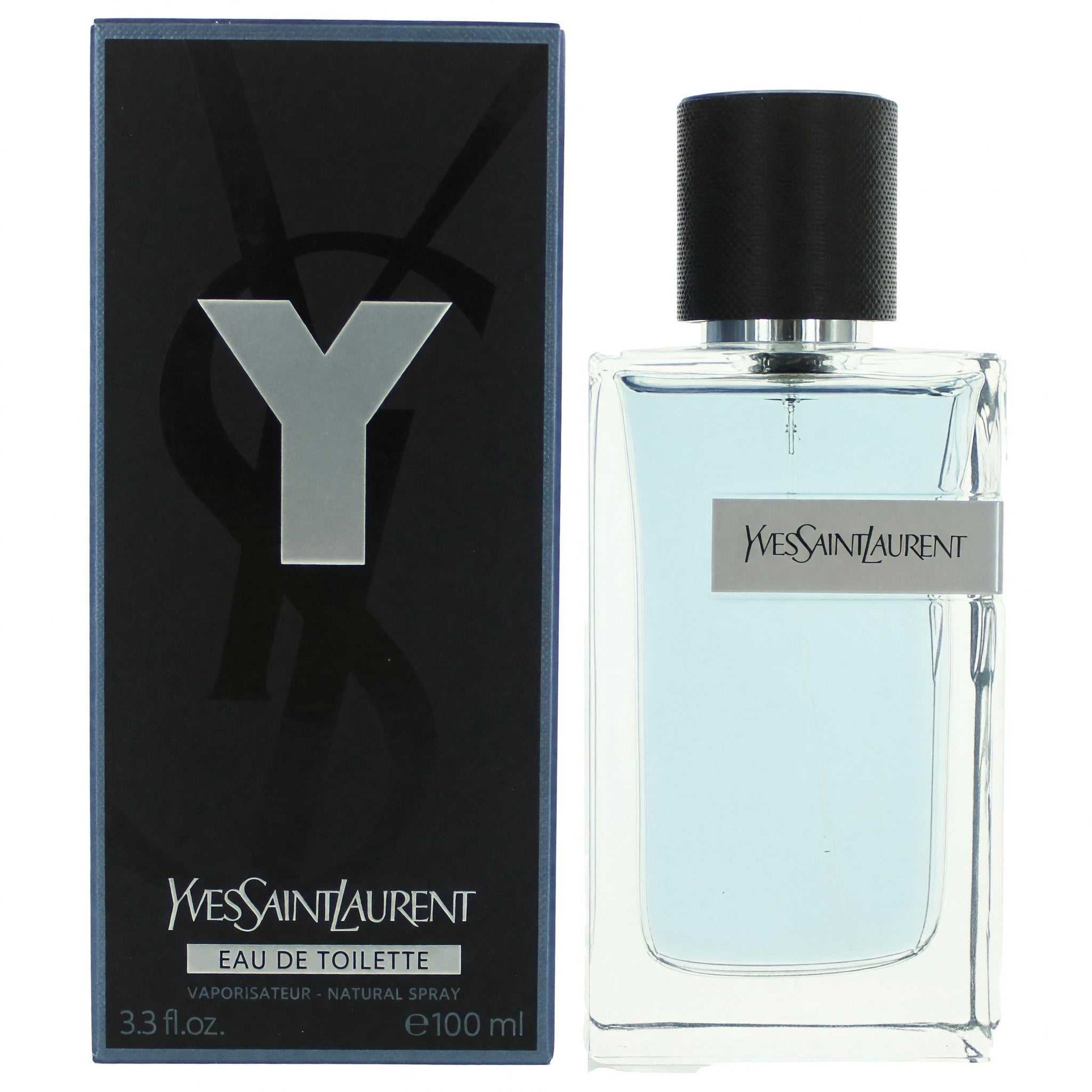 Y by Yves Saint Laurent men’s EDT spray bottle, black cap, clear light-blue liquid