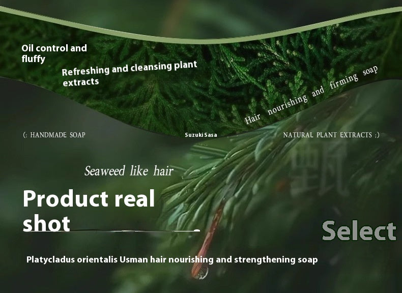 Handmade soap with natural plant extracts and seaweed-like texture, featuring text on benefits.