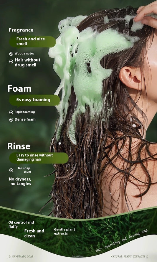 Person washing hair with green shampoo, showing product features on a green background