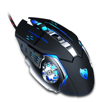 Gaming mouse with blue LED lighting on a white background