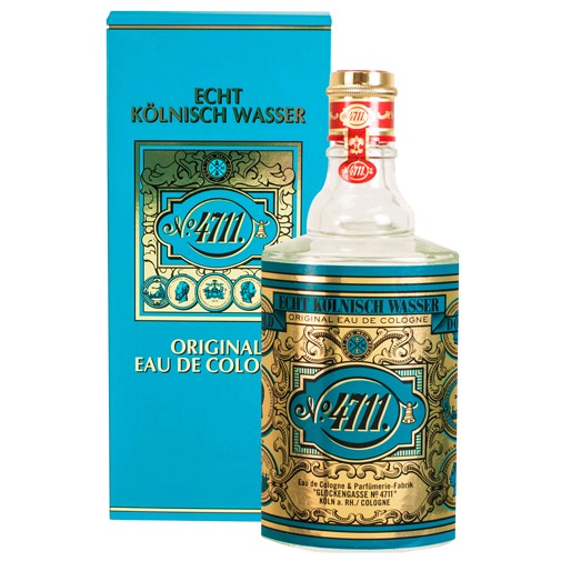 Eau de cologne bottle with gold cap and matching blue original box