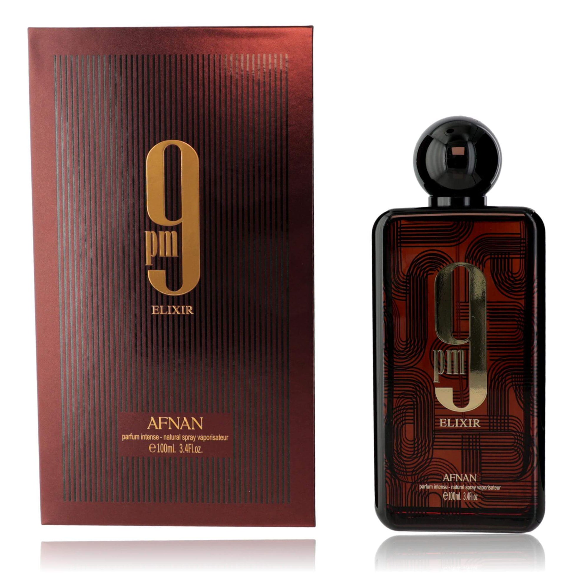 Afnan Elixir parfum spray bottle with matching box, dark glass and amber liquid