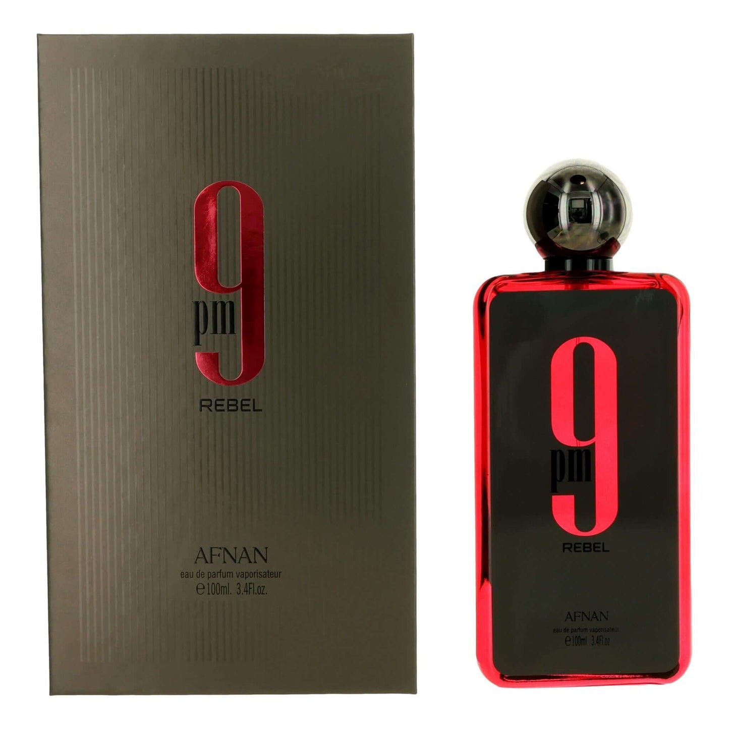 Perfume box and bottle set for 9 PM Rebel by Afnan, red and black label