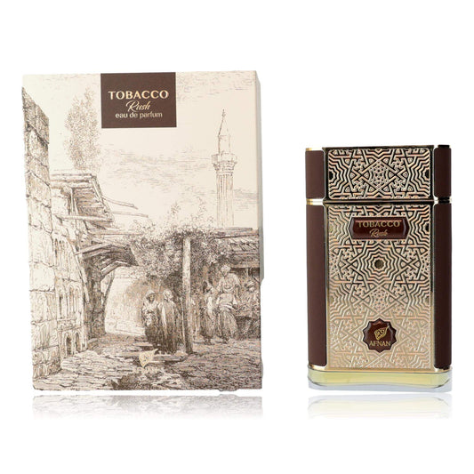 Tobacco Rush by Afnan, 2.7 oz EDP spray for Unisex with decorative packaging and ornate design.