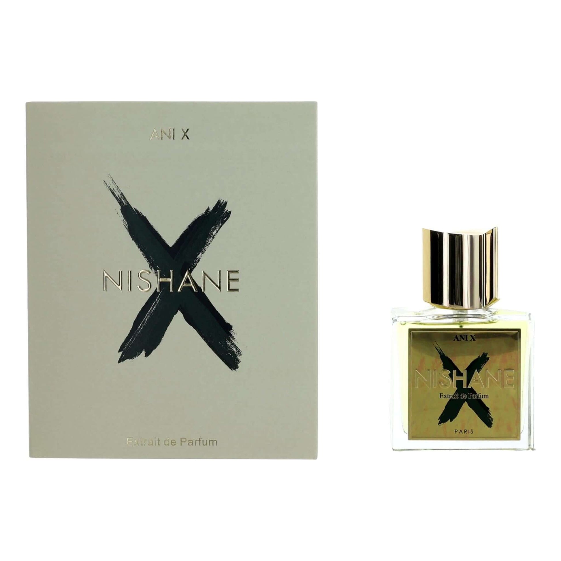 Nishane Ani X Extrait de Parfum bottle and box, clear glass with gold cap