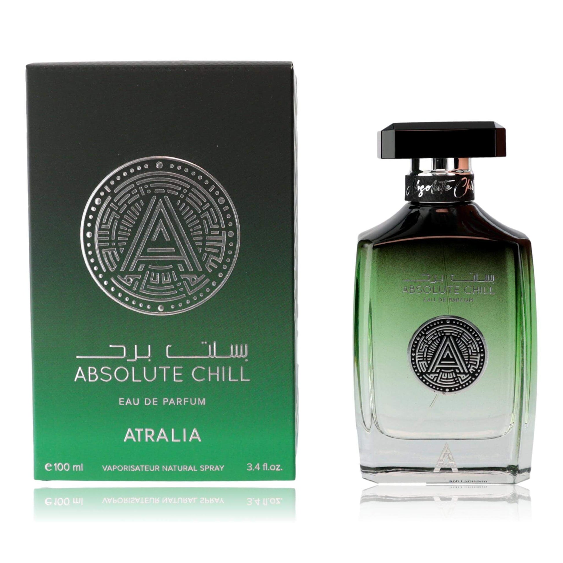 Absolute Chill by Atralia, 3.4 oz EDP Spray for Unisex in a stylish bottle with green gradient packaging.