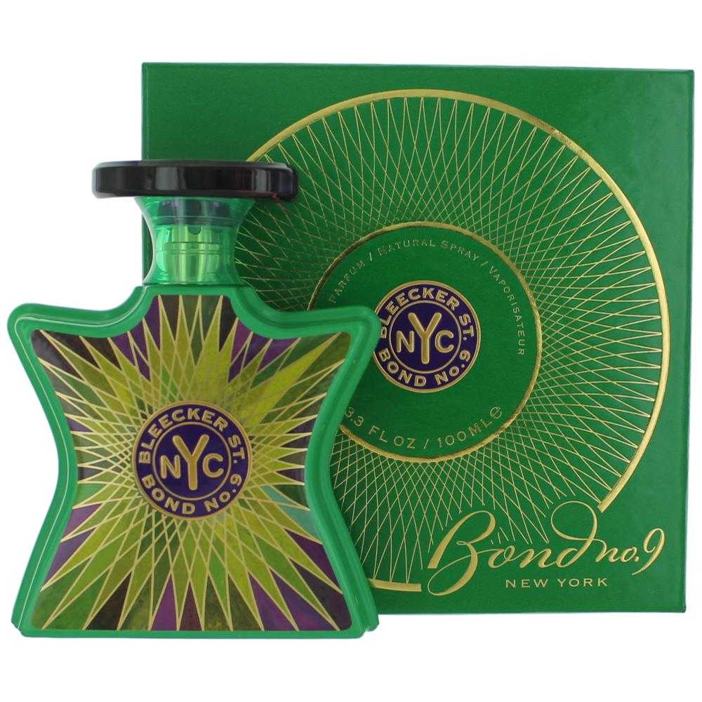 Bond No. 9 Bleecker Street perfume spray bottle, green glass with black cap and matching box