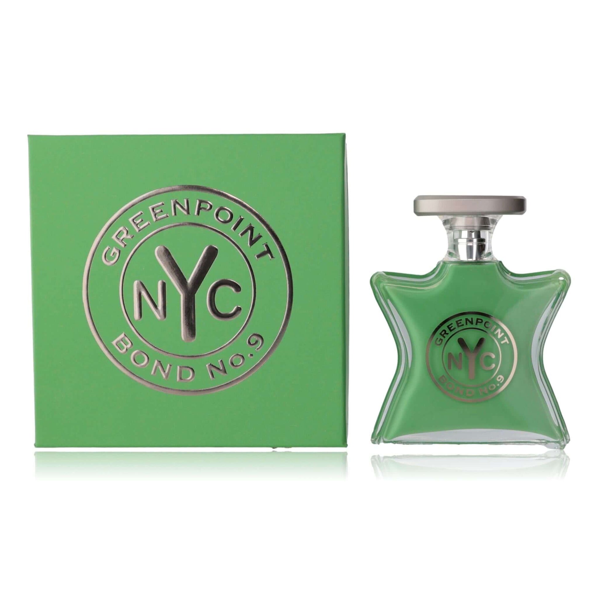 Greenpoint by Bond No. 9 EDP spray bottle and box, green glass