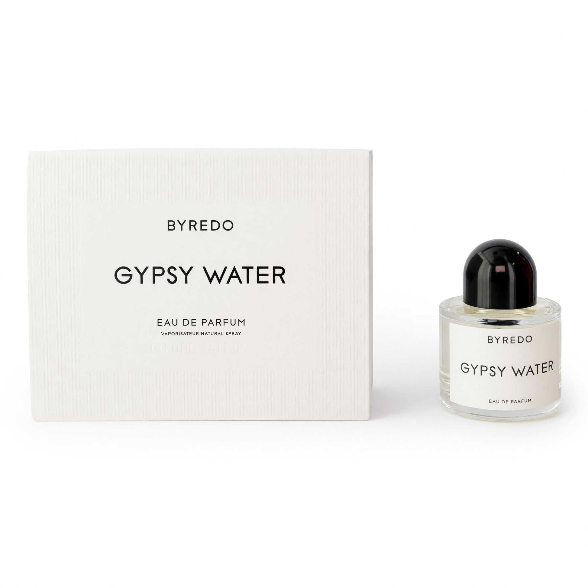 Byredo Gypsy Water eau de parfum spray bottle with white box, clear glass and black cap