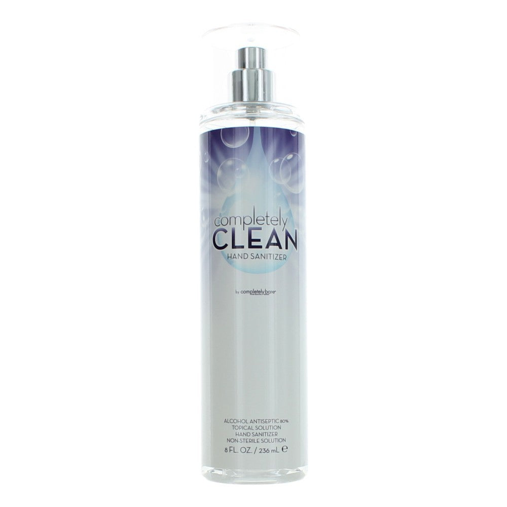 Spray hand sanitizer bottle with silver pump; clear liquid; Completely Clean label.