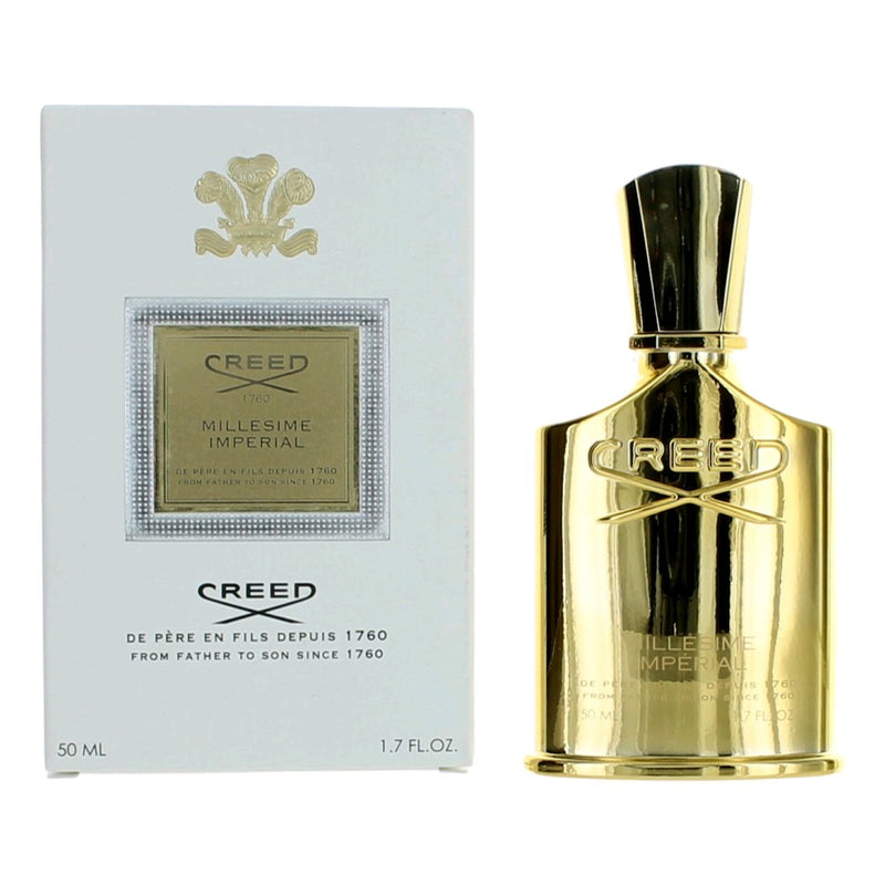 Gold EDP spray bottle and Creed Millesime Imperial box, 1.7 fl oz.