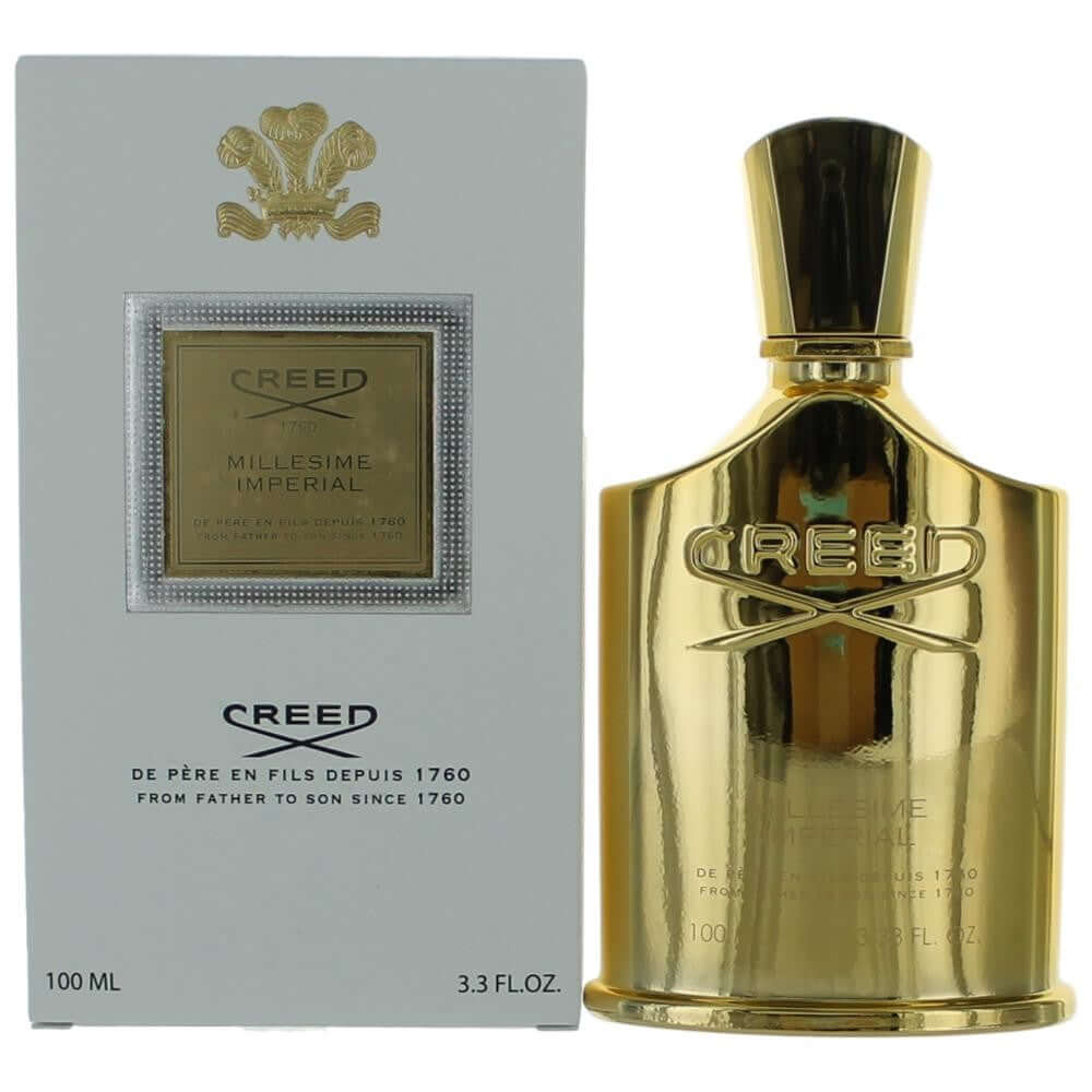 Millesime Imperial by Creed, 3.3 oz Millesime EDP Spray Unisex in elegant gold bottle with packaging.