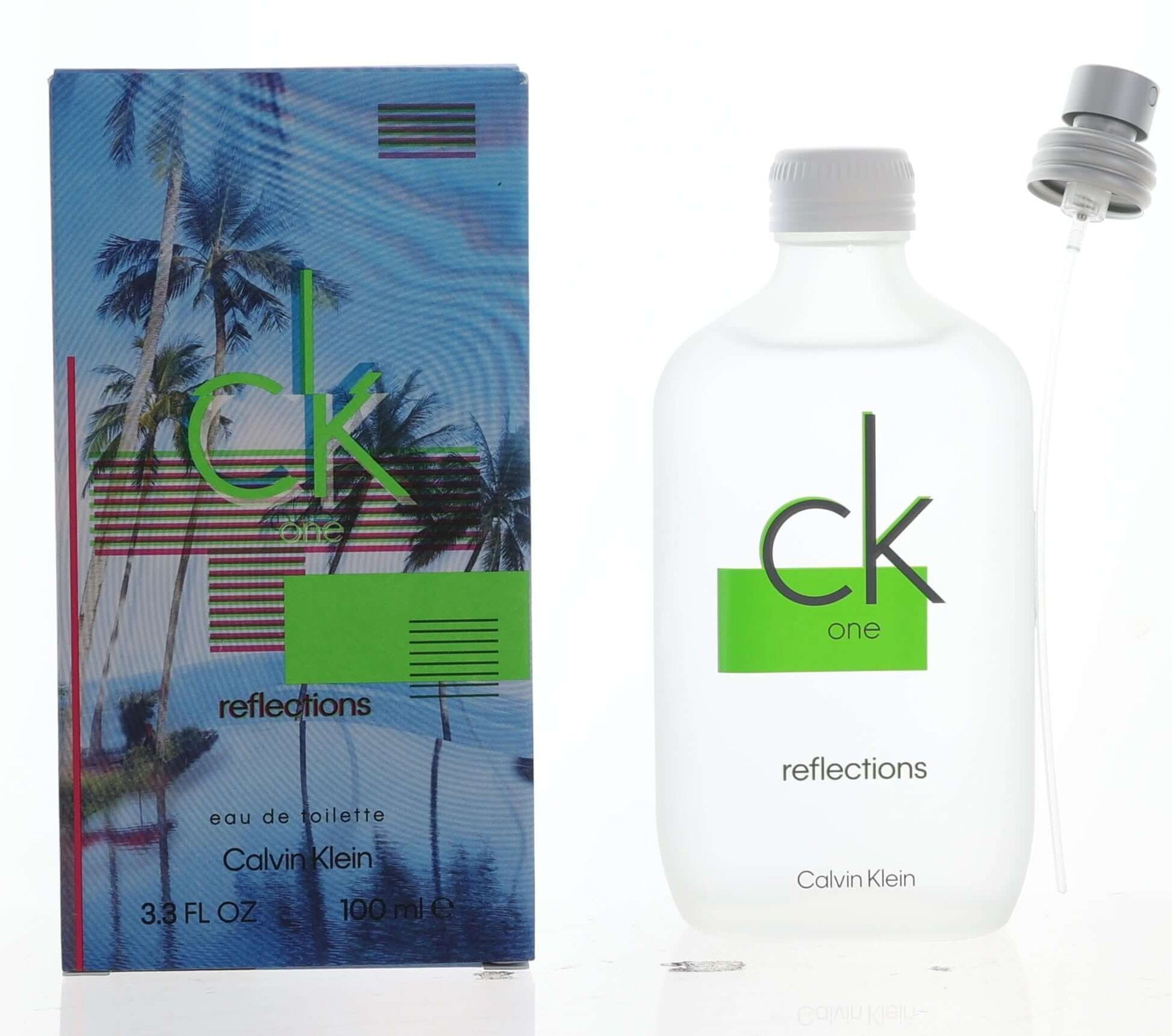 CK One Reflections by Calvin Klein, 3.3 oz EDT Spray for Unisex with packaging and bottle displayed.