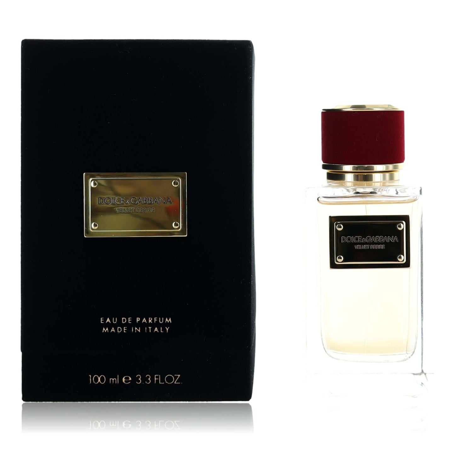 Unisex eau de parfum spray bottle with clear liquid, red cap, and gold label