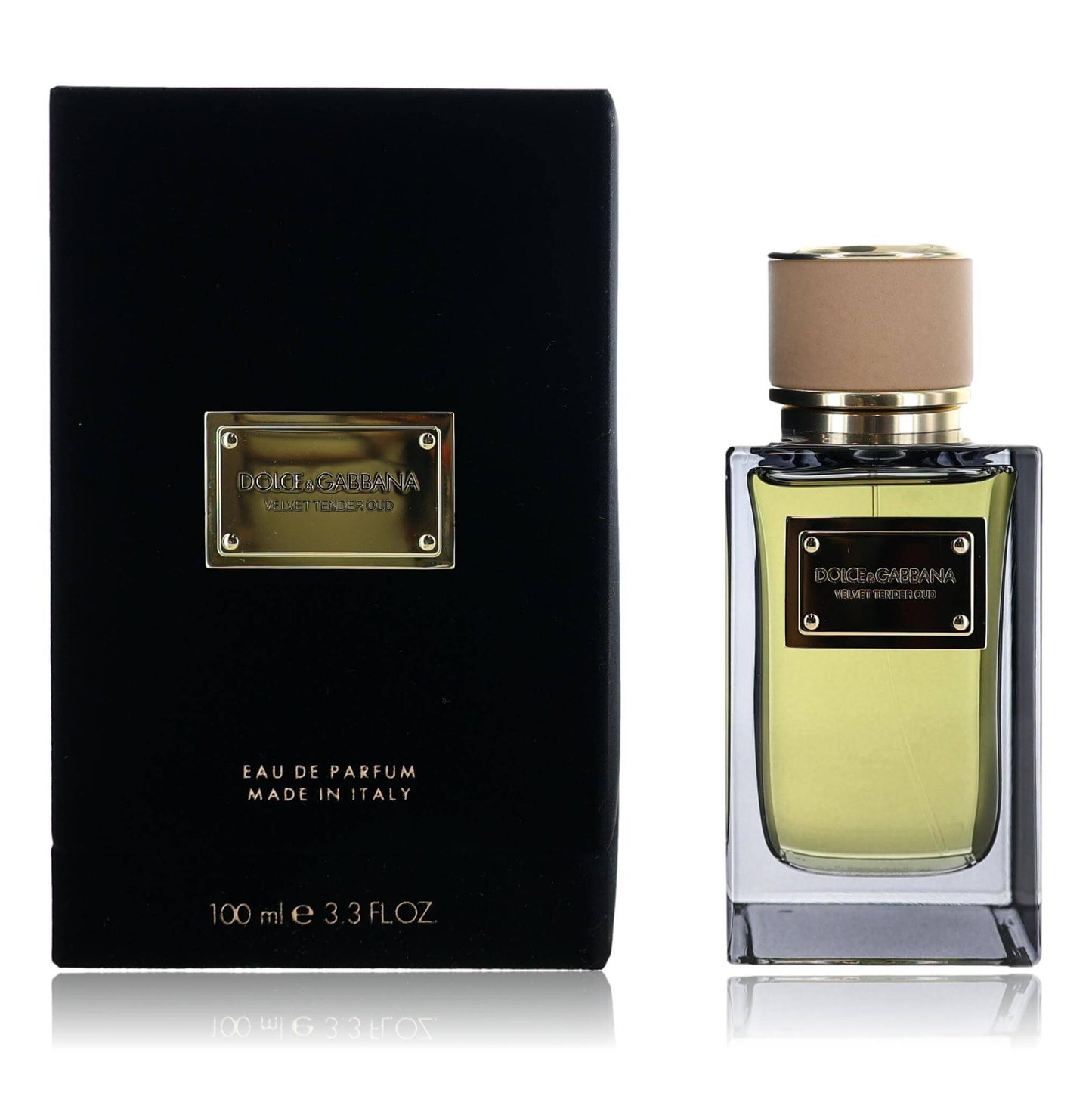Eau de parfum spray set with Dolce & Gabbana bottle, green liquid, gold cap, black box.